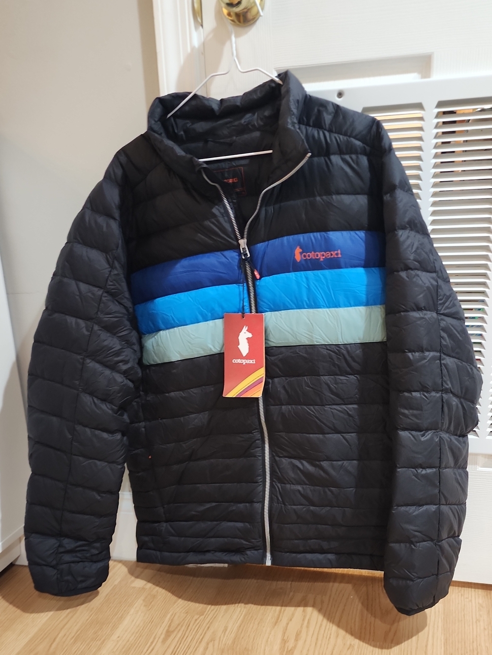 Cotopaxi Fuego Down Jacket With Black And Pacific Stripes